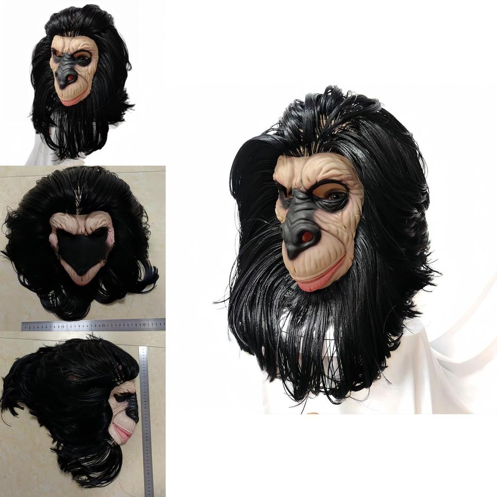 Latex Schwarzes Langes Haar Affenkopfmaske Für Halloween-Kostüme Und Party-Rollenspiel