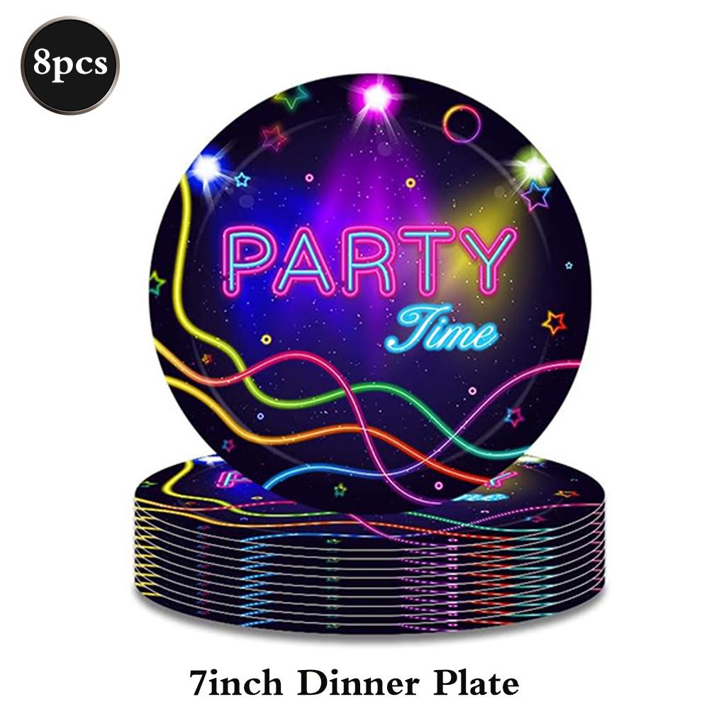 Glow In the Dark Party Supplies Neon Blacklight Tableware Set Happy Birthday Banner Balloons Neon Glow Party Retro Disco Decor