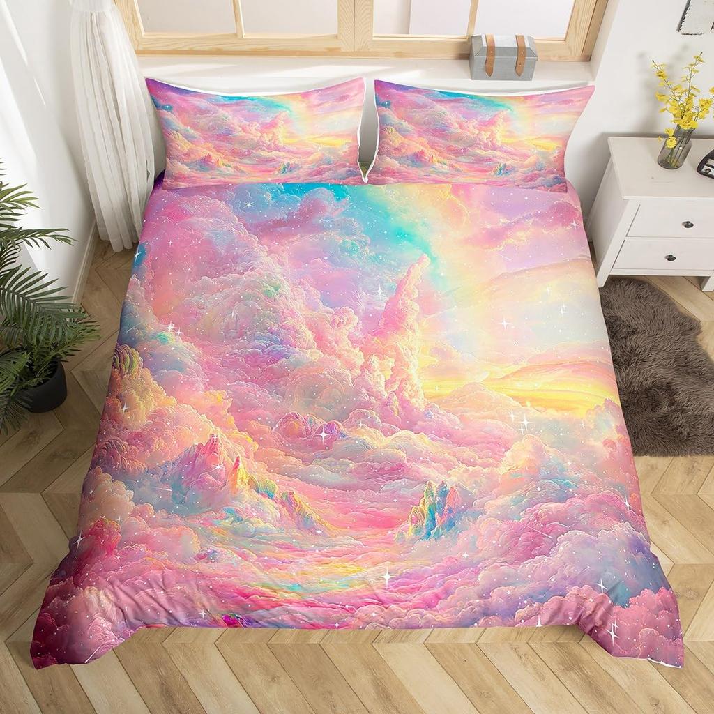 Comforter Pink Blue Cloud Pattern Queen King Size Starry Sky Bedding Set Girls Room Decoration Dream Garden 3 Pcs