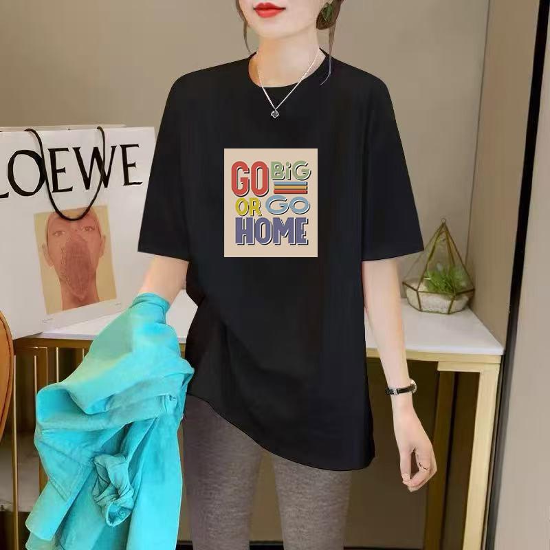 Short Sleeve Women's Medium and Long Hip Cover T-Shirt Summer Crew Neck Black Cotton T-Shirt Loose Large Top