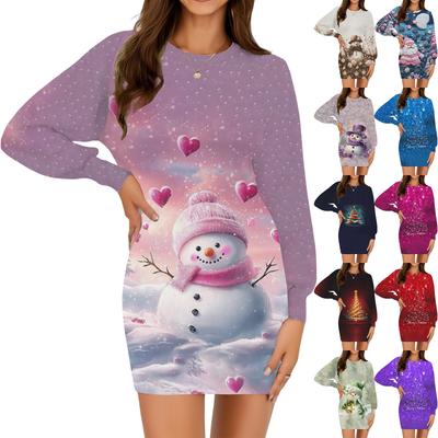 Women's Fashion Casual Christmas Print Round Neck Long Sleeve Dress