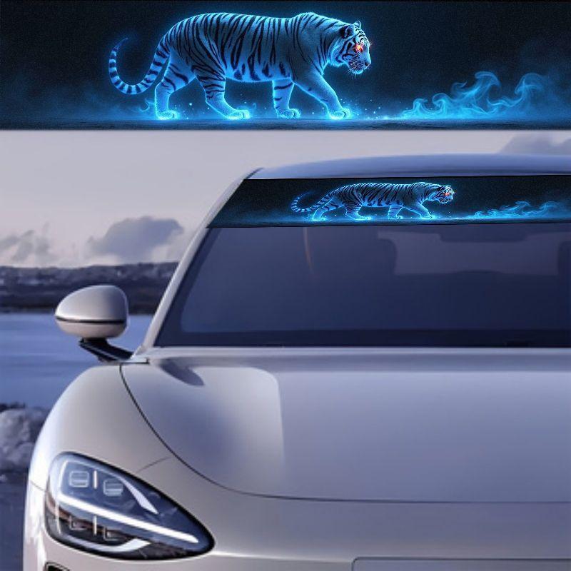 1PC Blue Flame Tiger Car Stickers for DIY Auto Front and Rear Windshield Truck Suv Waterproof Window Vinyl Decals Self-adhesive