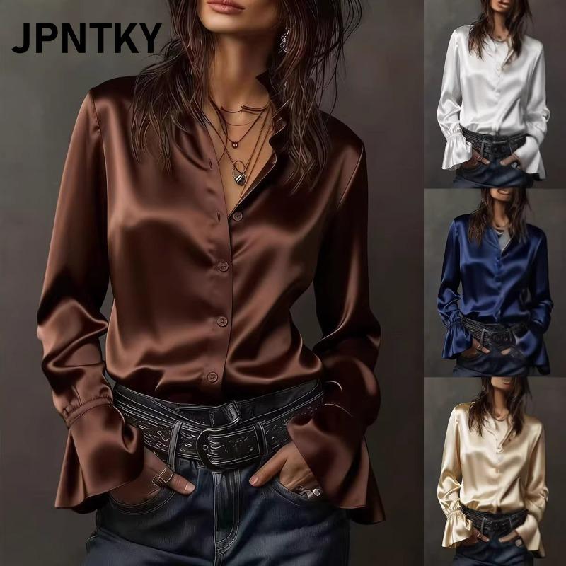 JPNTKY Women's Fashion Casual Solid Color Print Long Sleeve O-Neck Blouses & Shirts International Design