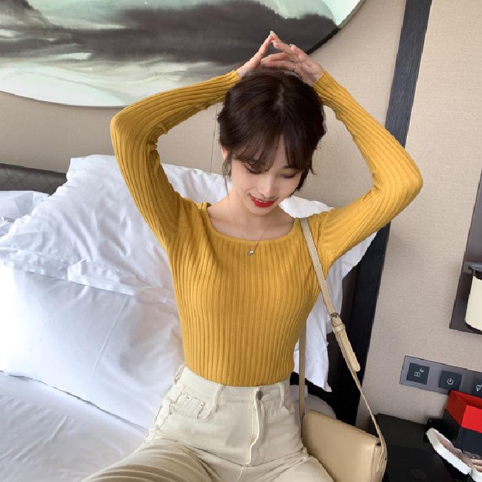 "2023 Autumn/Winter Korean Slim Square Neck Long-Sleeve Knitted Sweater for Women"