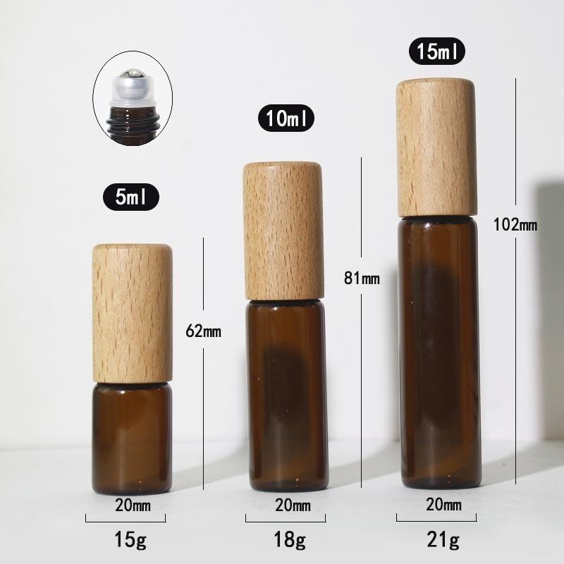 10Pcs 5ml 10ml 15ml Amber Clear Glass Roll On Bottles Natural Bamboo Wood Cap Sample Roller Ball Vials For Essential Oil Perfume