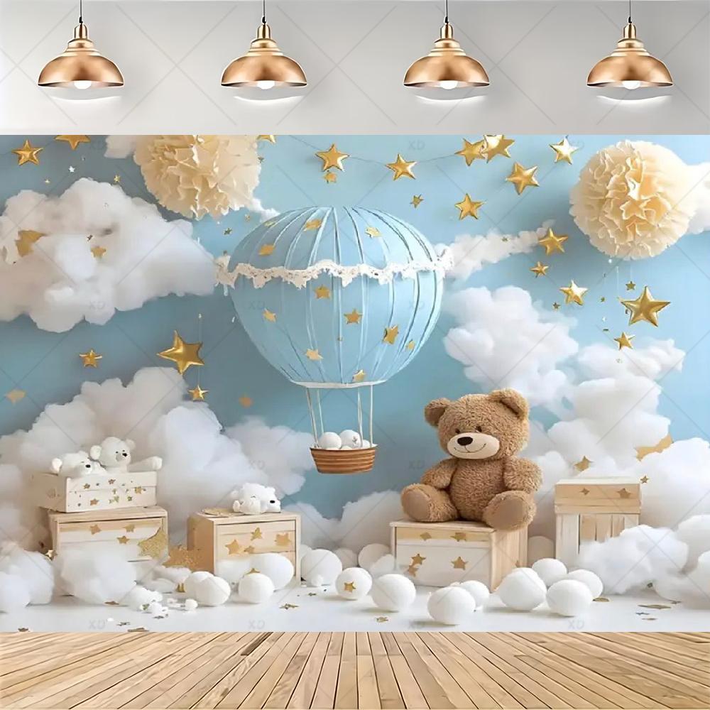 Teddy Bear Hot Air Balloon Backdrop Banner Newborn 1st Birthday Party Decoration Background Baby Shower Photography Studio Props