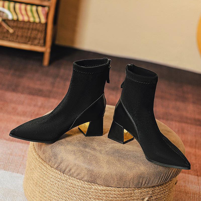 Pointed short boots women's thick heel new women's boots medium heel fashion boots splicing style retro medium boots