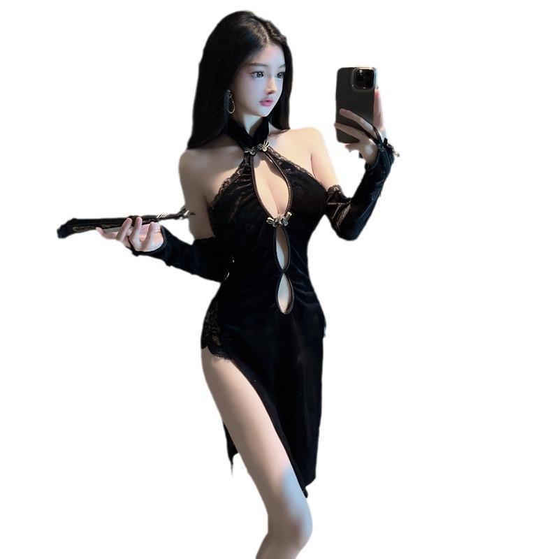 Nightlife sexy lingerie backless high split cheongsam seduction cosplay retro cheongsam suit female