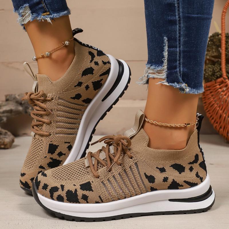 Fashion 2025 New Women Casual Shoes New Leopard Lace-up Sneakers Lightweight Mesh Breathable Casual Sports Shoes Women Running Shoes