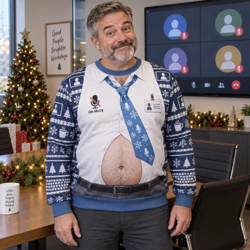 Office Tie Dad Bod Ugly Christmas Sweater Men 3D Print Polyester Crewneck Sweatshirt Funny Holiday Party Pullover