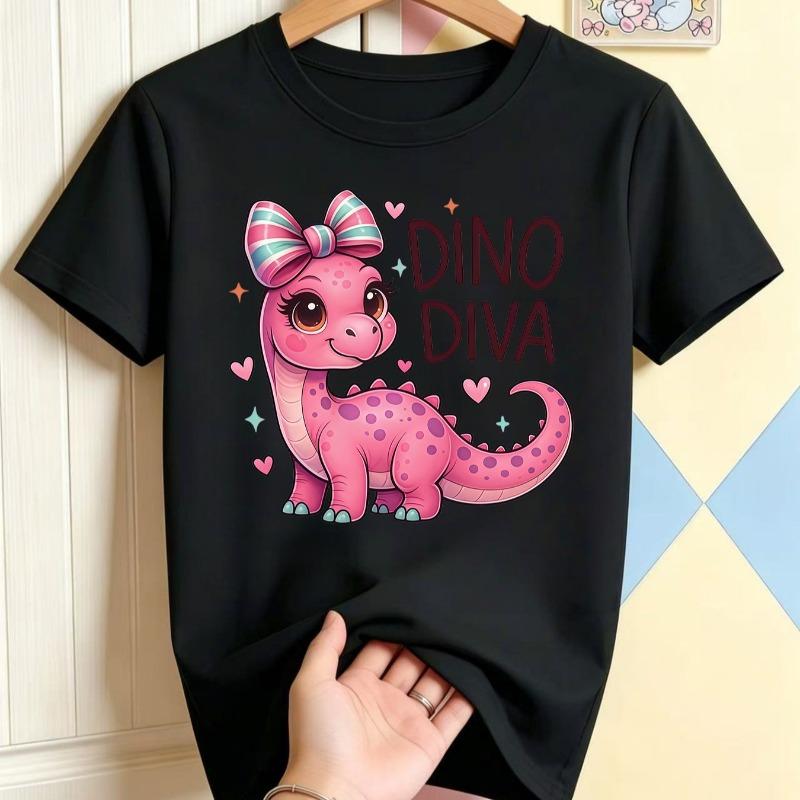 Kids Pink Dinosaur Princess Bow Graphic Crewneck Short Sleeve Tee