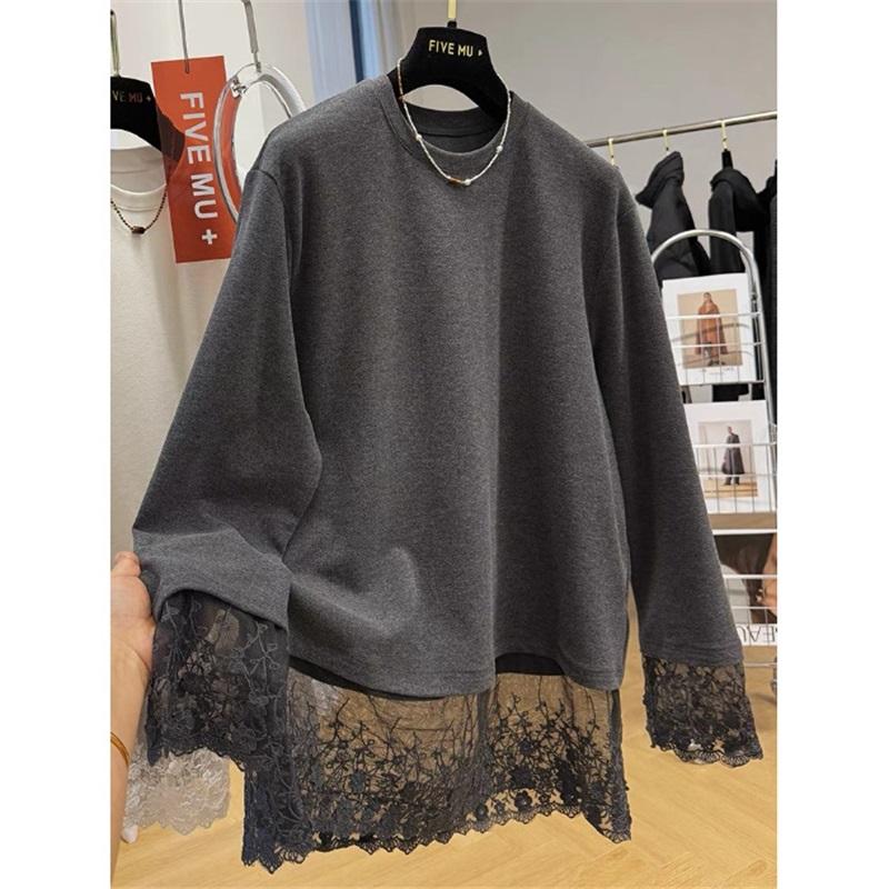 Lace Patchwork Fleece Sweatshirt Casual Loose Long Sleeve Top