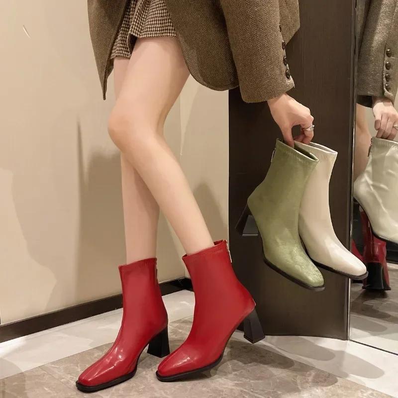 Square Toe Women Ankle Boots Thin Mid Heels Beiga/red/green Back Zipper Dress Sock Boots Woman Size 35-42 Botines Para Mujeres