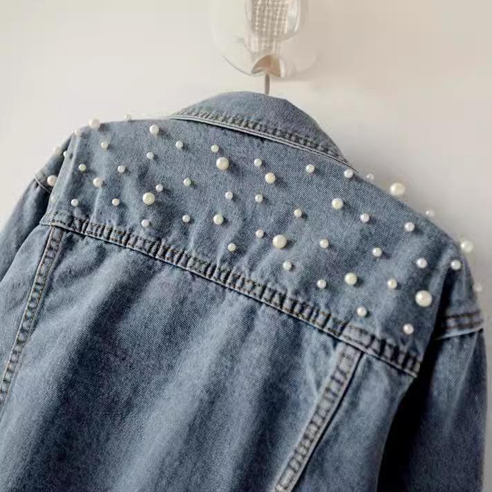 Jachetă de blugi cu mărime plus pentru femei, cu mărgele și strasuri - Trendy, largă, stil studențesc