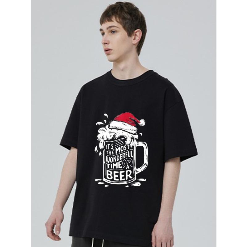 Men's Black T-Shirt Christmas Beer Mug With Santa Hat Print Its The Most Wonderful Time For A Beer Holiday Party Casual Wear