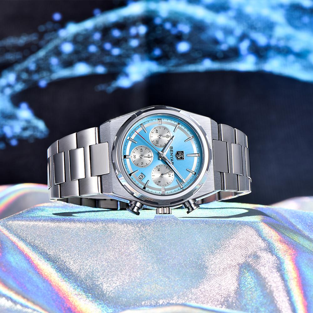 Benyar 40MM Multi-function Quartz Watch Mineral Strengthened Glass Stainless Steel Waterproof Strap Timing Clock Watch for Men