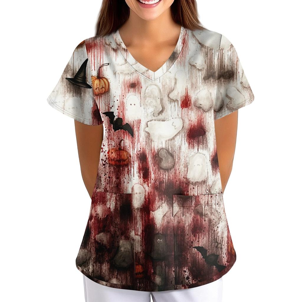 Damen Halloween Bedruckt Locker V-Ausschnitt Tasche Kurzarm Uniform  Uniform