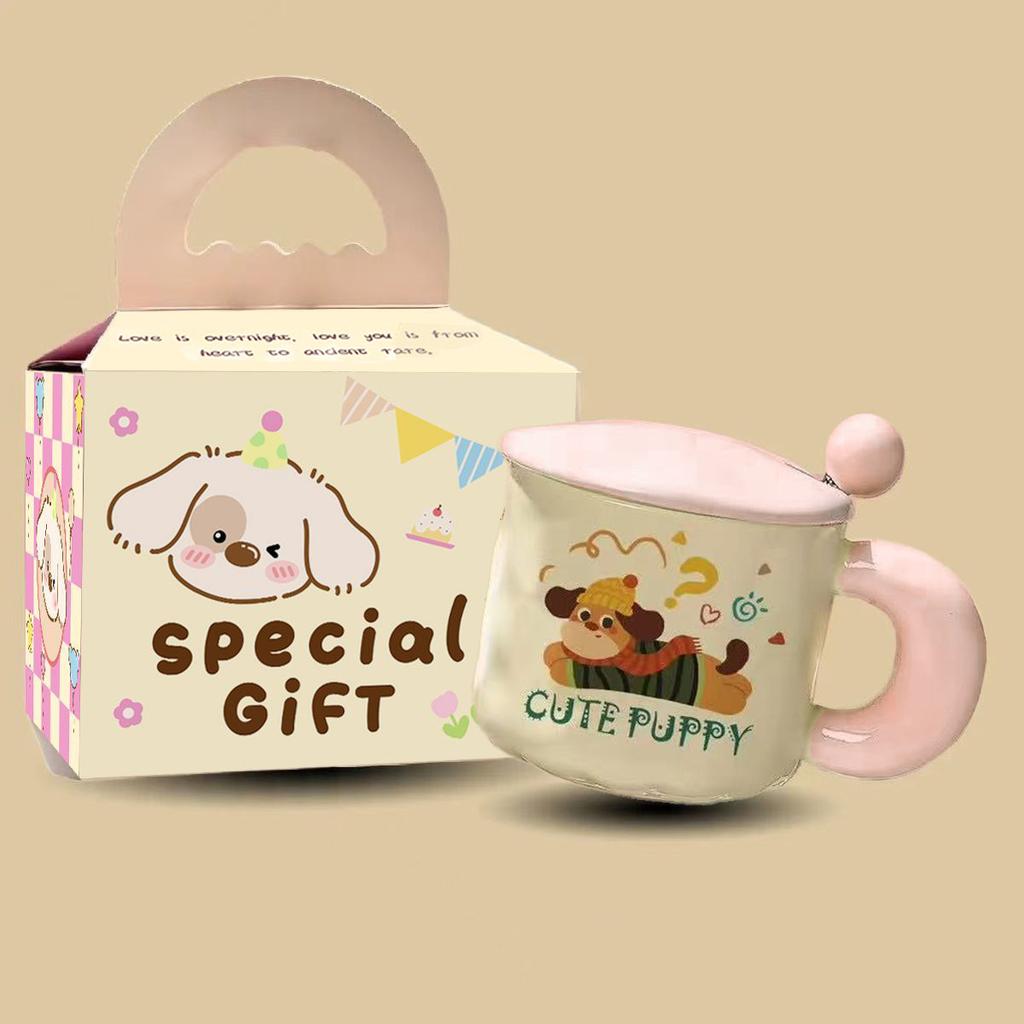 Cute Cartoon Puppy Ceramic Cup High Looking Mug Cup with Lid Spoon Water Cup Birthday Gift for Girls and Children