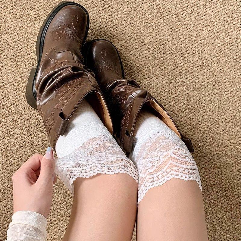 Lace Trim Over-the-Knee Thigh High Stockings with Long Boots - Autumn/Winter Style In White