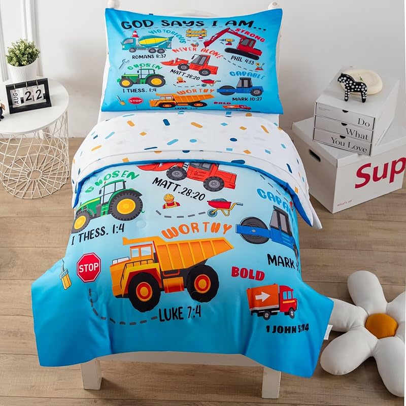 4 Piece Toddler Bedding Set for Boys,Cars Construction Toddler Bed Comforter Set Includes Comforter,Flat Sheet,Fitted Sheet and Pillowcase,Christan Toddler