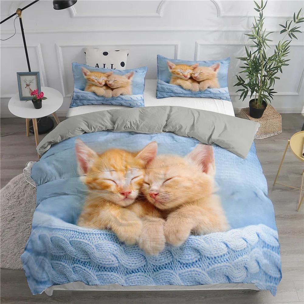Cartoon Bedding Set Cute Cats Printed 3D Duvet Cover Set Twin Full Queen King Double Sizes Pillowcase Bedclothes Soft Polyester