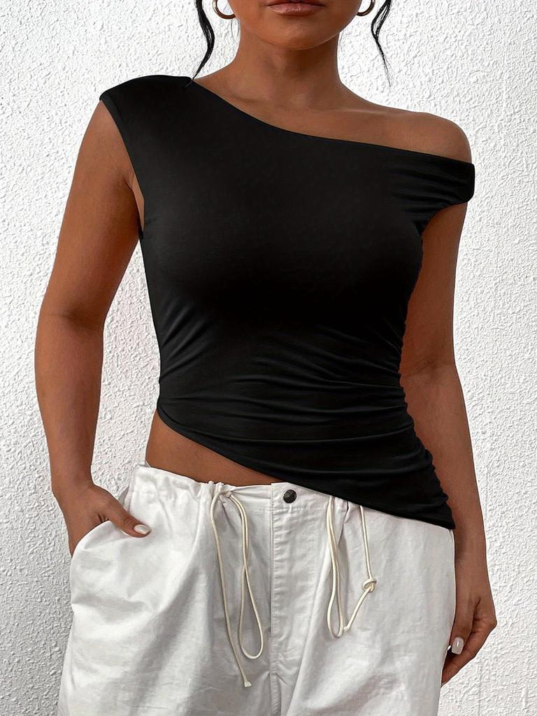 1pc Womens Summer Off The Shoulder Sleeveless One Shoulder Ruched Asymmetrical Y2K Tank Top