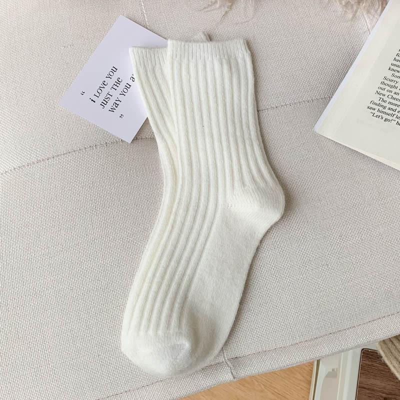 Women's Japanese Style Wool Socks, Thick Mid-Calf, Solid Color, Versatile, Warm for Autumn & Winter