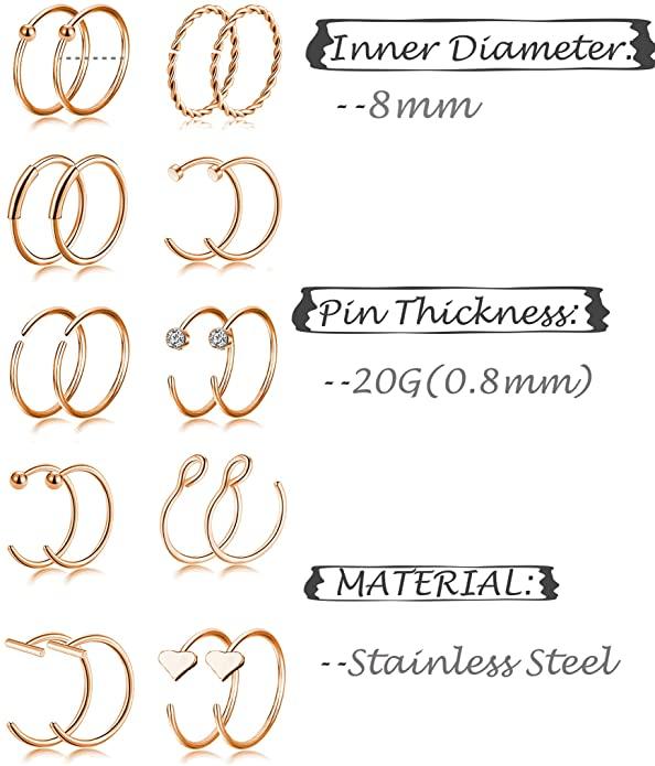 Labret Nose Piercings Jewelry 20G Stainless Steel Hoop Nose Ring Hypoallergenic CZ Hoop Tragus Cartilage Nose Rings