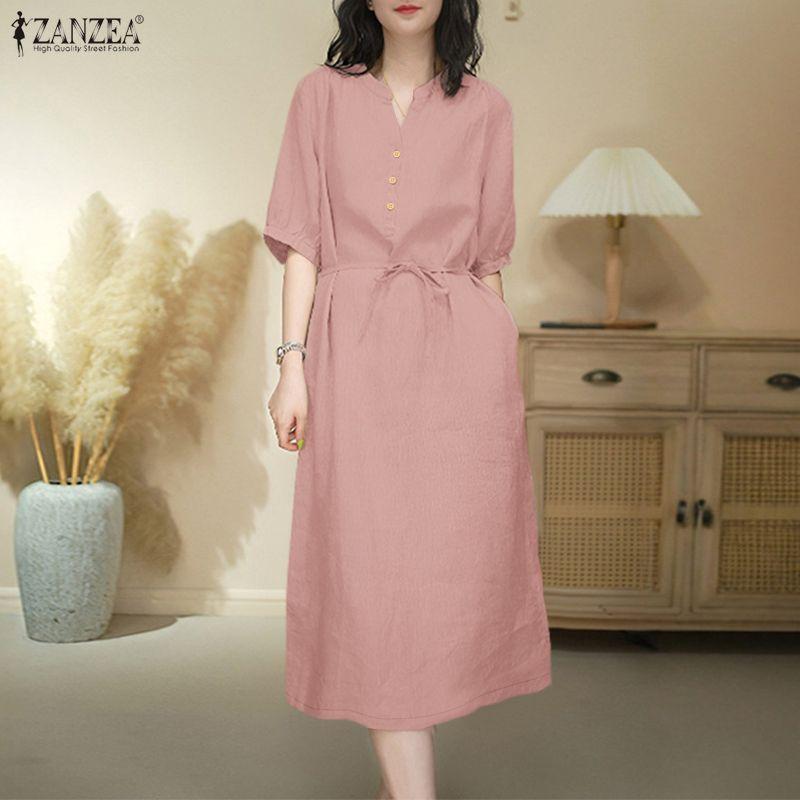 ZANZEA Women Casual Round Neck Solid Color Short Sleeve Dress