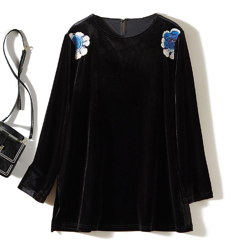 

Three-Dimensional Petals Embroidered Epaulet! Minimalist Sense Female Long Side Slit Gold Velvet round Neck Long Sleeves T-shirt Spring & Fall Winter Black L