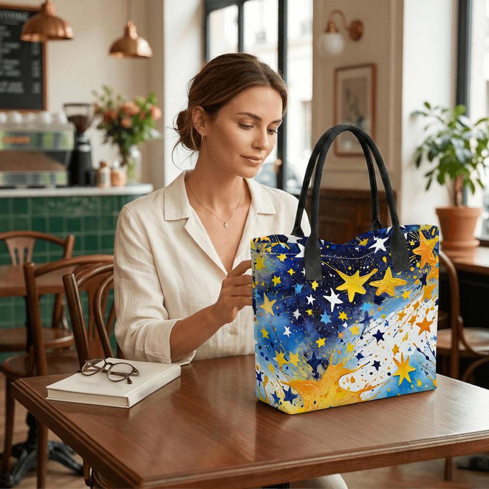 Watercolor Star Print Casual Tote Bag Large Capacity Daily Shoulder Handbag for Women