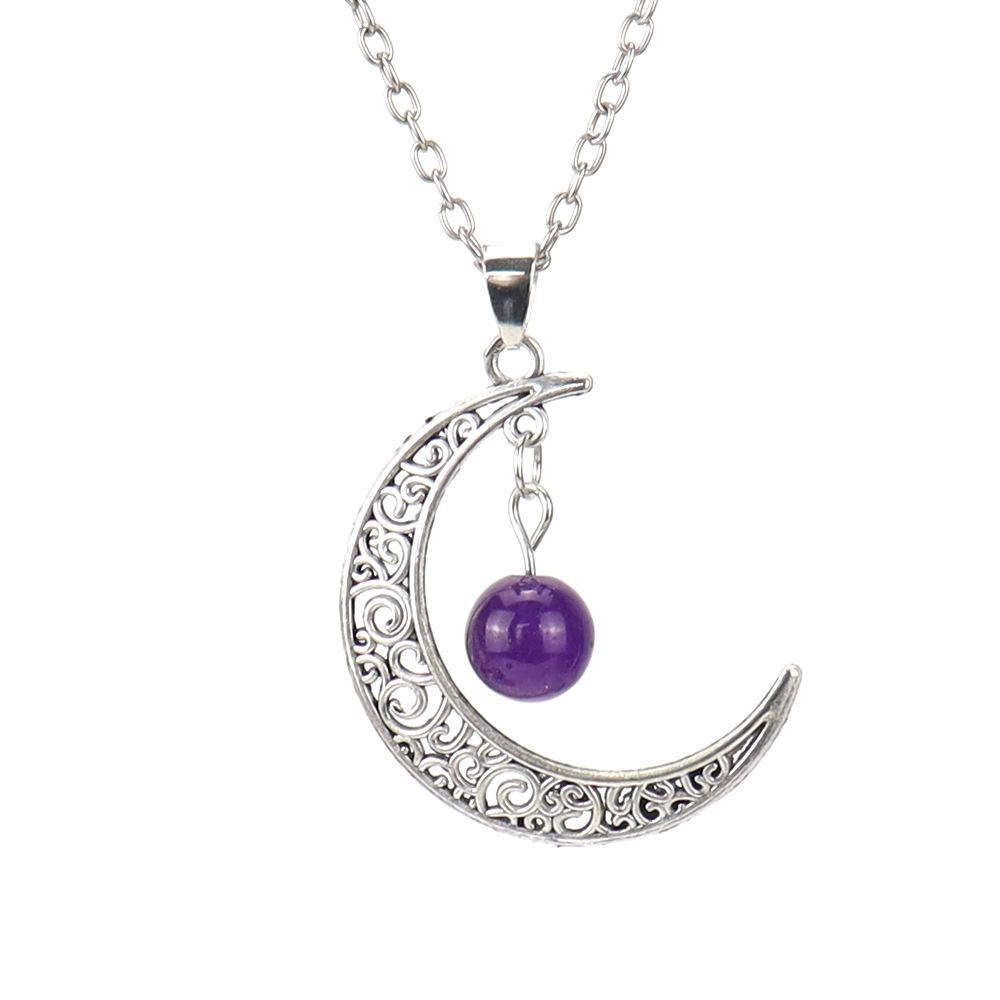 Hollow Moon Natural Crystal Bead Pendant Necklace Amethyst Pendant Couple N598