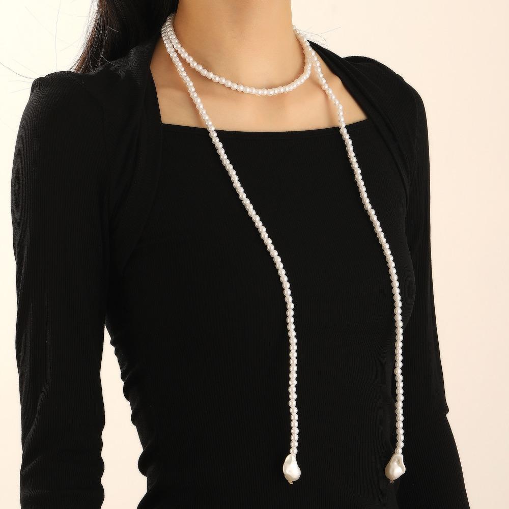 Retro Long Imitation Pearl Y‑Shape Necklace Baroque Pearl Pendant Multi‑Layer Wrap Sweater Chain for Women Dress Jewelry Gifts