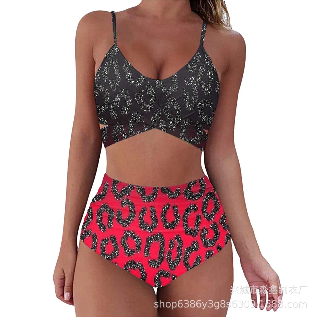 Explosive Leopard Print Cross High Waist Split Bikini, Sexy BIKINI Swimsuit for Women, Direct Supply