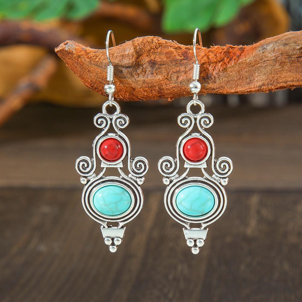 Vintage Earrings Silver Geometric Turquoise Drop Earrings Bohemian Dangle Jewelry for Women