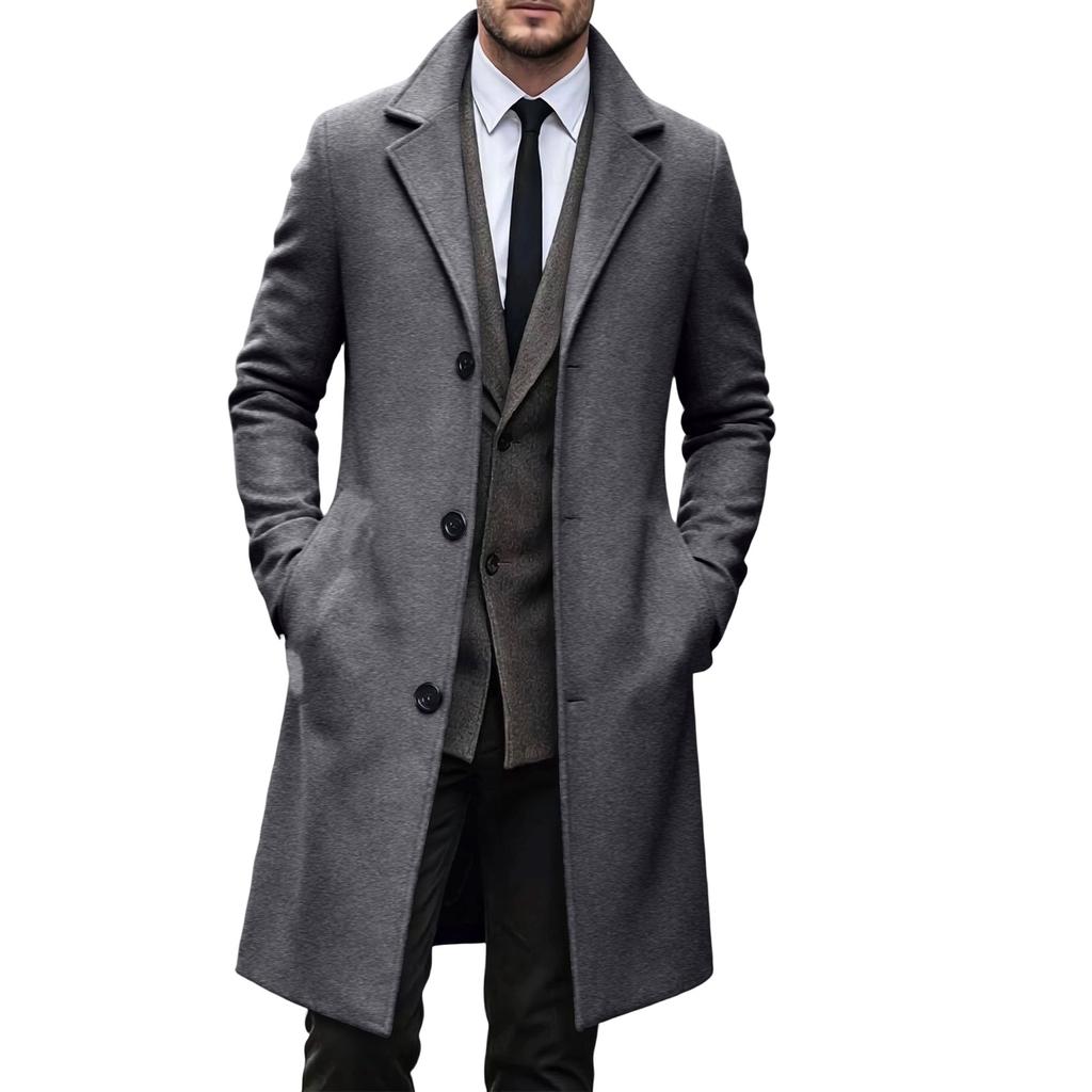 Men's Wool Mid-Length Overcoat Slim Fit Trench Coat for Fall and Winter