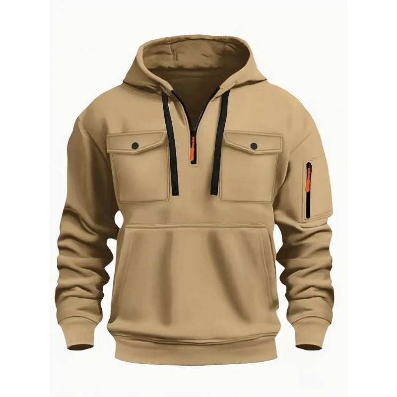 Mens Winter Warm Fleece Lined Hooded Pullover Sweatshirt With Zipper V-Neck Loose Fit Casual Sportswear