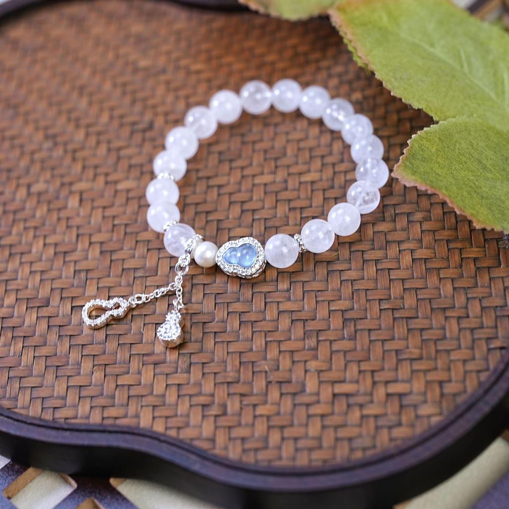 Pink Crystal & White Pearl Beaded Bracelet with Retro Gourd Pendant for Women