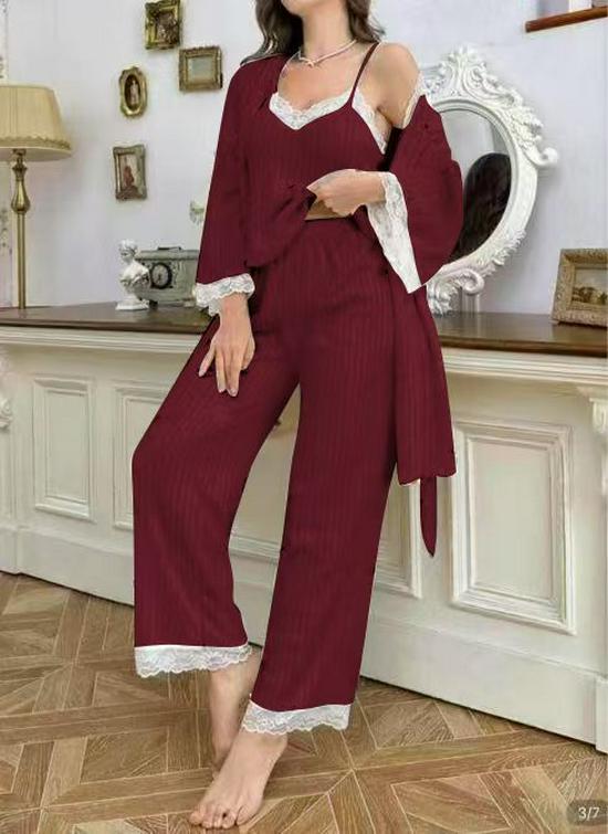 Women's Three-Piece V-Neck Cherry Pajama Set with Lace Trim