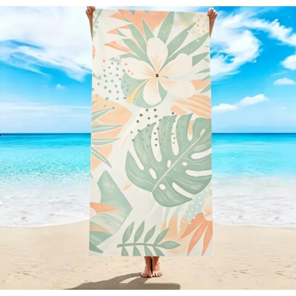 Pastel Tropical Leaves Hibiscus Print Beach Towel, Large Microfiber Sand Free Quick Dry Towel For Beach Pool Camping Towels