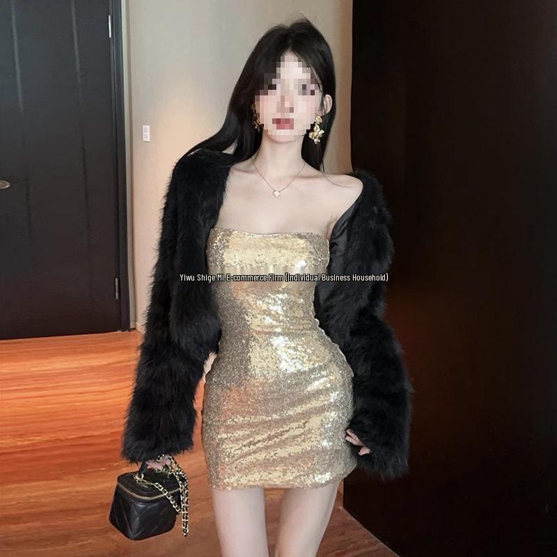 C85 Women's 2025 Shiny Sequin Bandeau Backless Bodycon Dress
