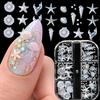 6Grids Pearlescent Shell Nail Charms Mini White Starfish, Shells, Pearl Design Ice-Clear Aurora Ocean Series Nail Rhinestones