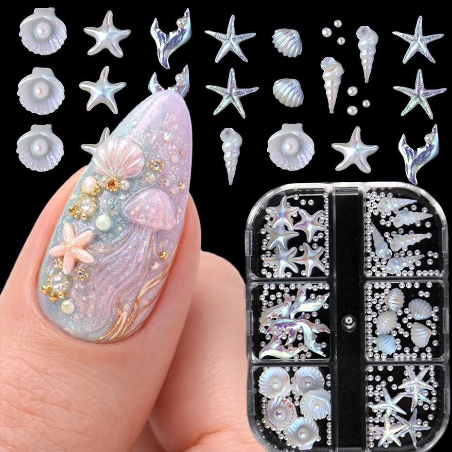 6Grids Pearlescent Shell Nail Charms Mini White Starfish, Shells, Pearl Design Ice-Clear Aurora Ocean Series Nail Rhinestones