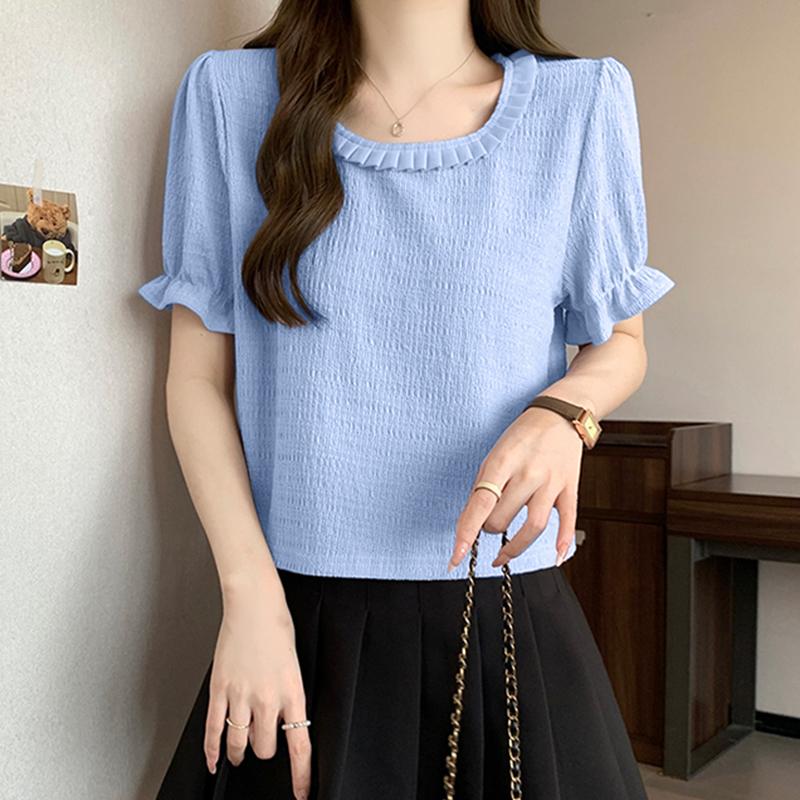 

VONDA Женские летние кружевные блузки с круглым вырезом и короткими рукавами, однотонные 5XL синий