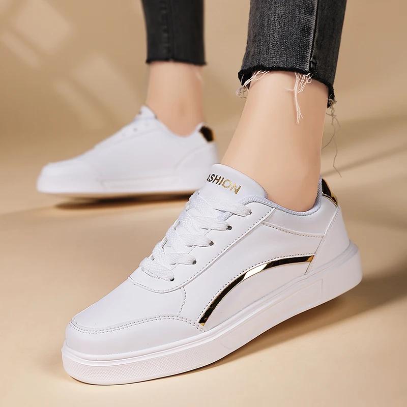 Women White Shoes Flat Female White Board Casual Shoes Lace Up PU Leather Walking Sneakers Thick Sole Outdoor Luxury Fashion