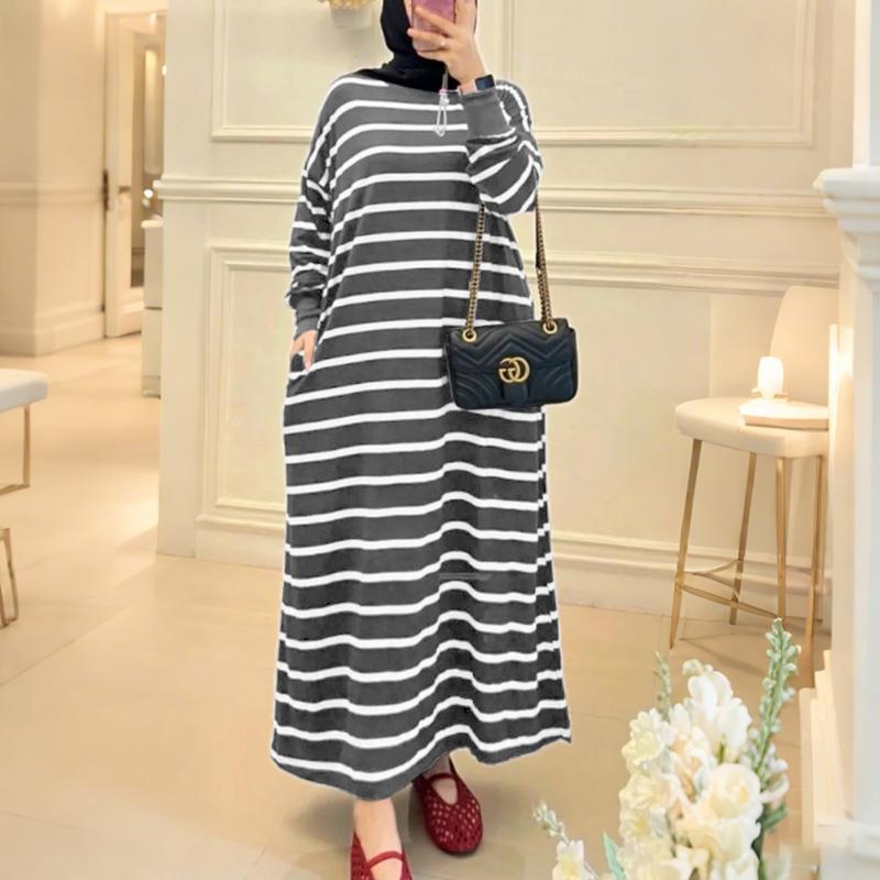 ZANZEA Women Muslim Casual Stripe Print Loose Long Sleeve Dress