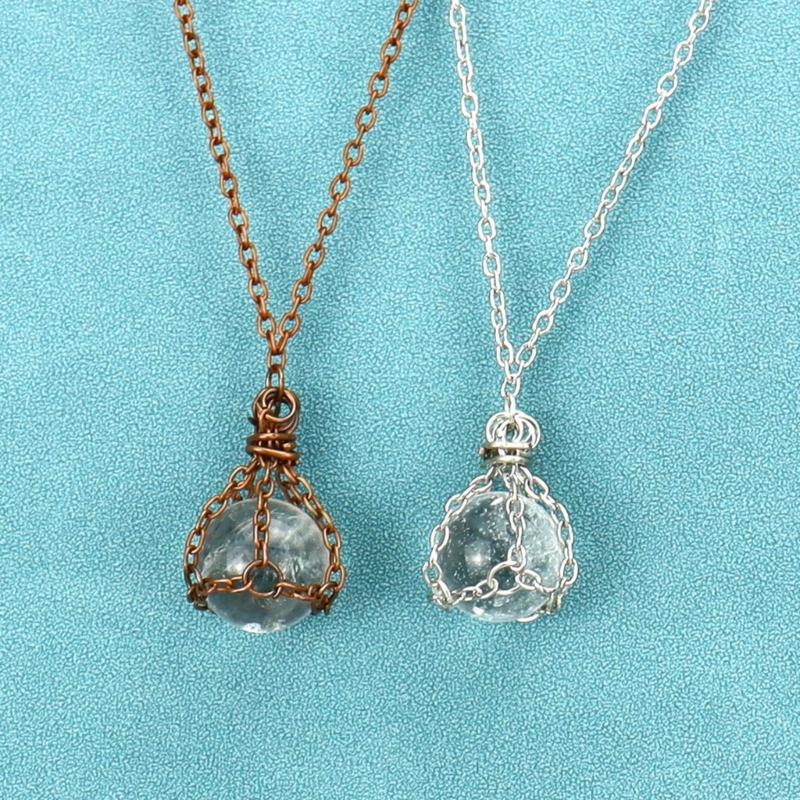 Natural Crystal Holder Necklace Colorful Stone Mesh Pocket Pendant Choker Adjustable Chain Neckchains for Women Girl
