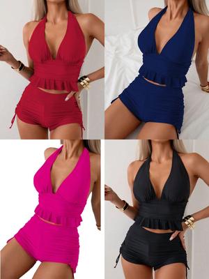 Europäisches und Amerikanisches Einfarbiges Rüschen-Neckholder-Bikini-Set mit Bindeband