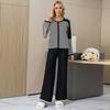 New Autumn and Winter V-neck Color Matching Striped Knitted Bat Sweater Loose Wide-leg Pants Knitted Two-piece Set