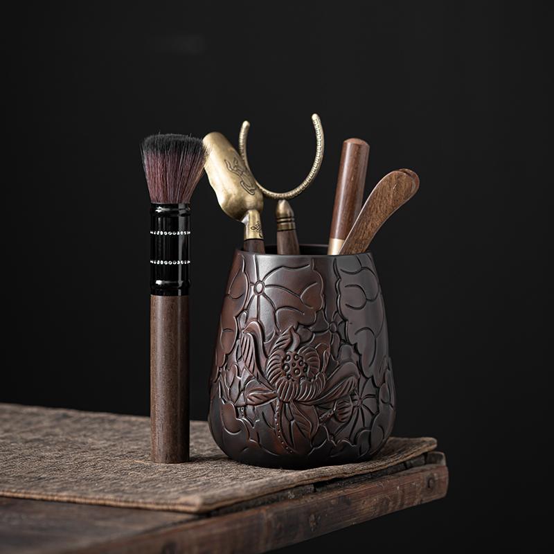High-end Purple Pottery Tea Ceremony Six Gentlemen  Hand Carving Pottery Blackwood Solid  Kung Fu Tea Set Accessorie